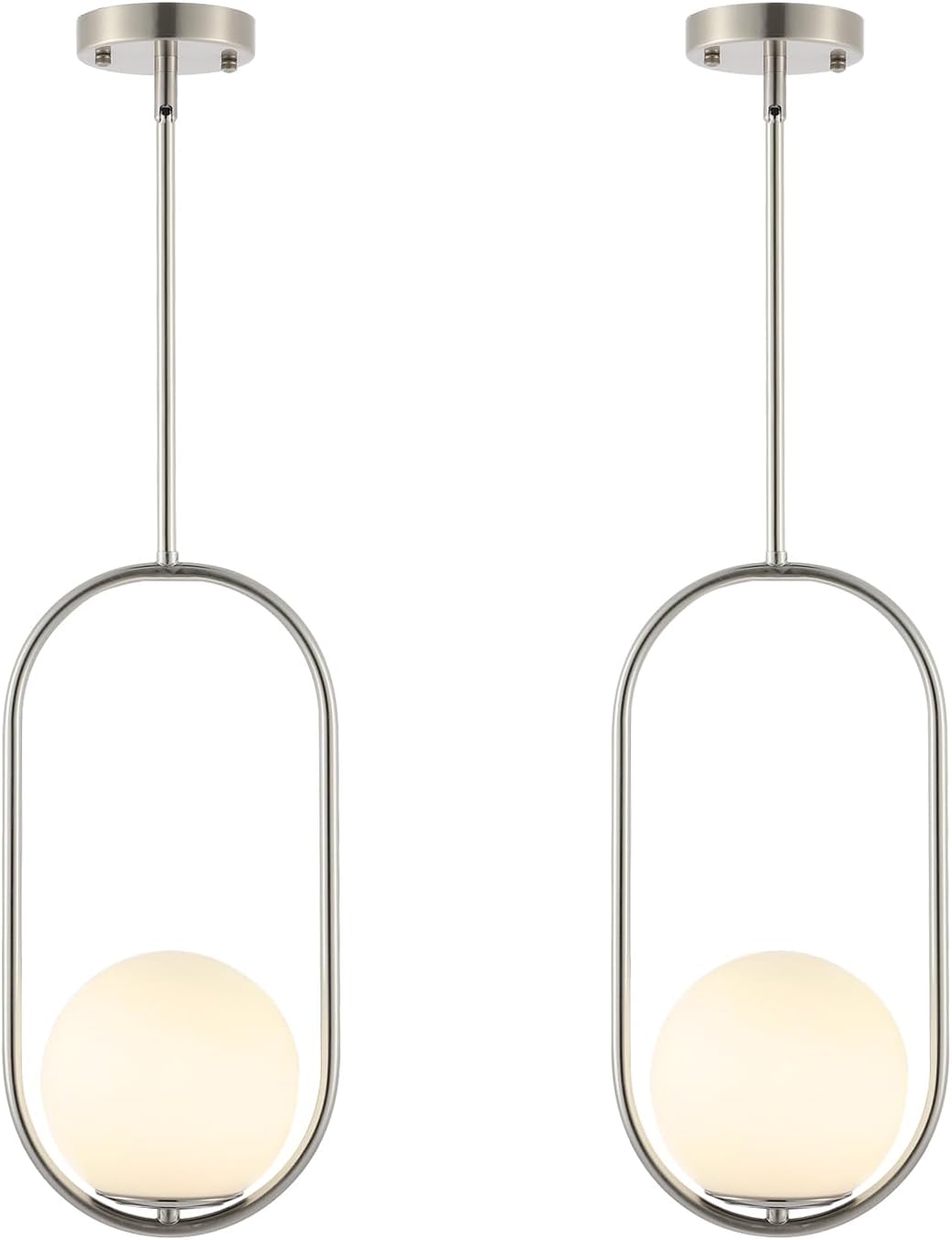 BYOLIIMA Modern Globe Pendant Light Brushed Nickel Chandelier 1-Light Mid Century Ceiling Hanging Lighting Fixture White Globe Glass Shades for Kitchen Island Dining Room Bedroom (2 Pack)