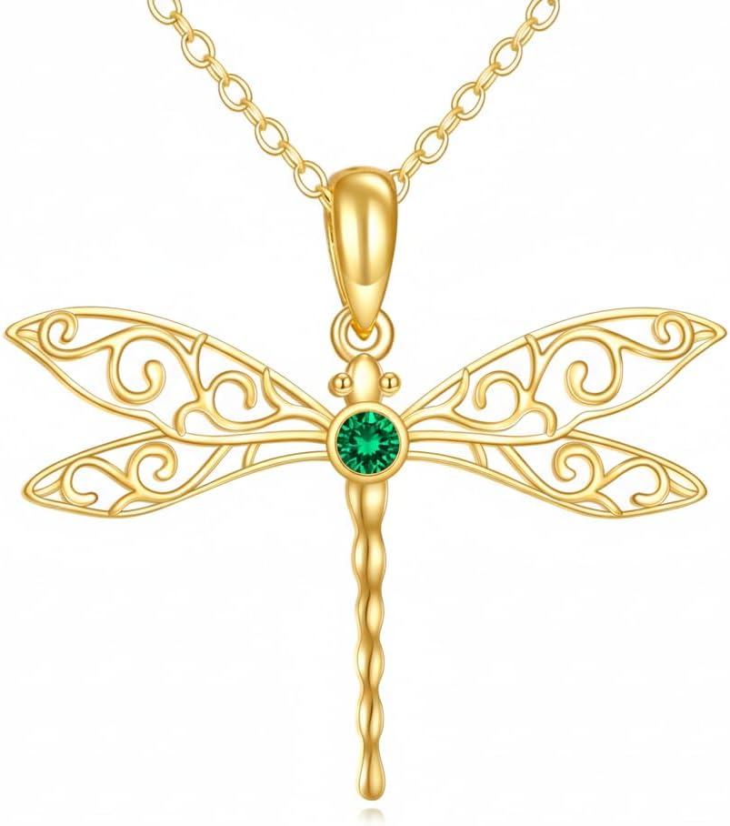 DOVRAN Real Solid Gold Birthstone Butterfly/Dragonfly/Bee/Hummingbird Necklace for Women Yellow Gold Animal Pendant for Christmas Dainty Jewelry Birthday Gifts for Mom Wife