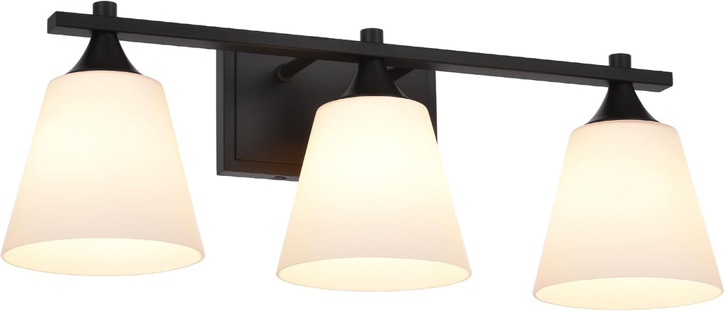 Black Bathroom Vanity Light Fixtures, 3 Lights Traditional Vanity Lighting Fixture with Opal Glass Shade, Porch Wall Mount Light Fixture for Bathroom, Mirror Cabinets Hallway Stairs, Matte Black