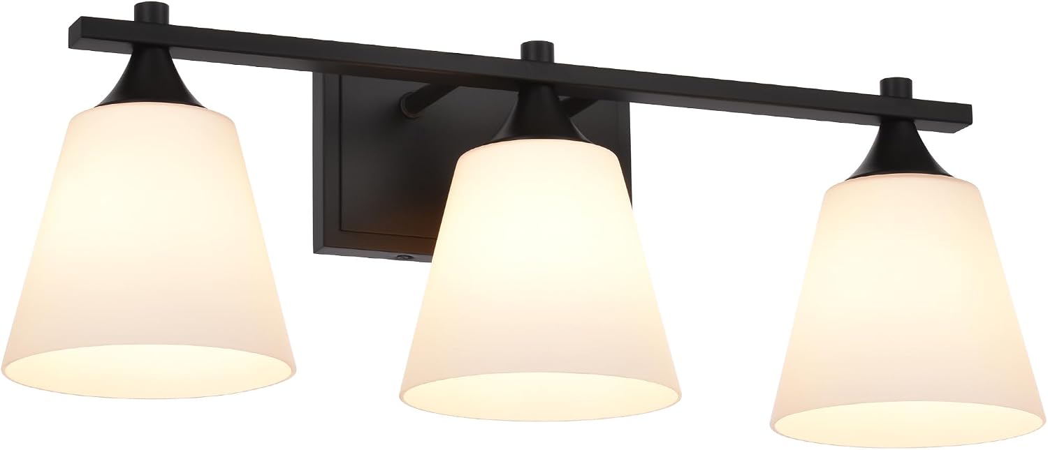 Black Bathroom Vanity Light Fixtures, 3 Lights Traditional Vanity Lighting Fixture with Opal Glass Shade, Porch Wall Mount Light Fixture for Bathroom, Mirror Cabinets Hallway Stairs, Matte Black