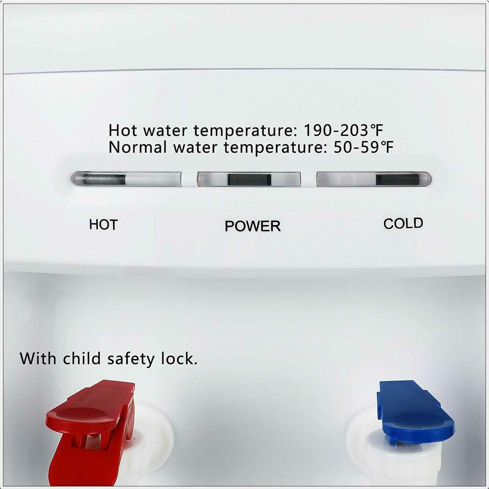 White Modern Top Loading Water Cooler Dispenser Freestanding 5 Gallon Cold Hot with Storage Cabinet Home Electric Countertop Office Plastic Stainless Steel 11.22' L x 11.42' W x 32.28' H