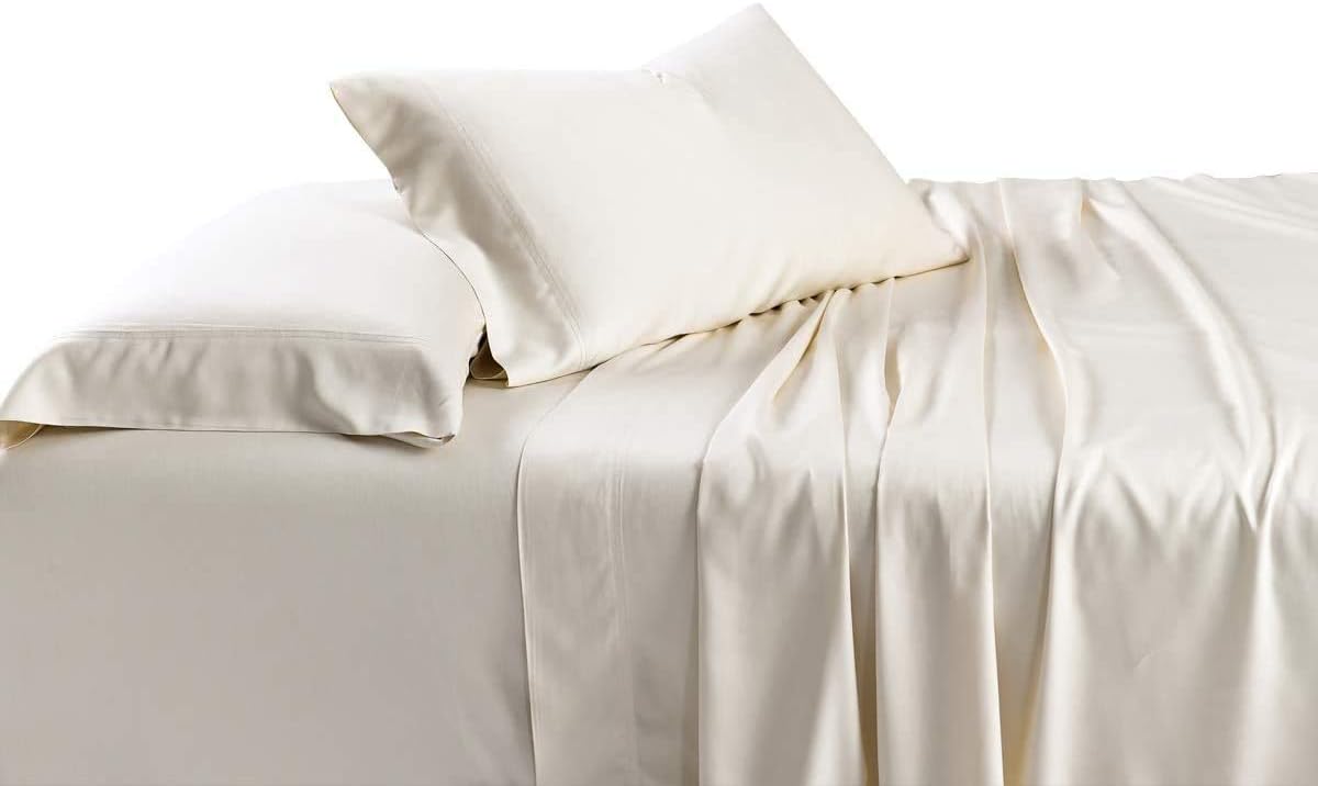 Solid 600-Thread-Count, Viscose Derived from Bamboo, Super Soft and Cool Bed Sheets Set (Twin Extra Long-XL, Ivory)