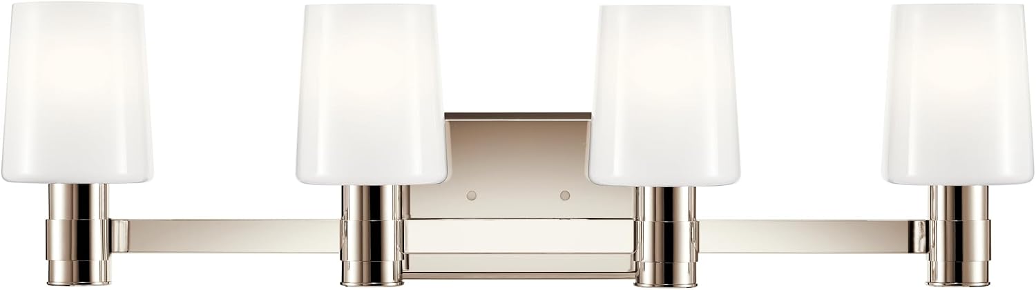 Kichler Adani 4-Light Bathroom Vanity Light Fixture with Opal Glass in Polished Nickel, Modern Wall Mount Lighting Over Mirror for Bathroom (8.25' x 30'), 55177PN