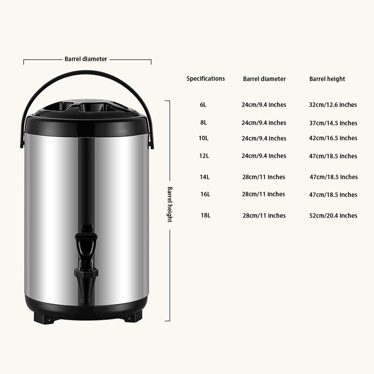 Commercial Stainless Steel Milk Tea Bucket,Drink Dispenser for Party,Suitable for hot Water, Tea, Coffee, Milk, Juice,Heat Preservation,12L