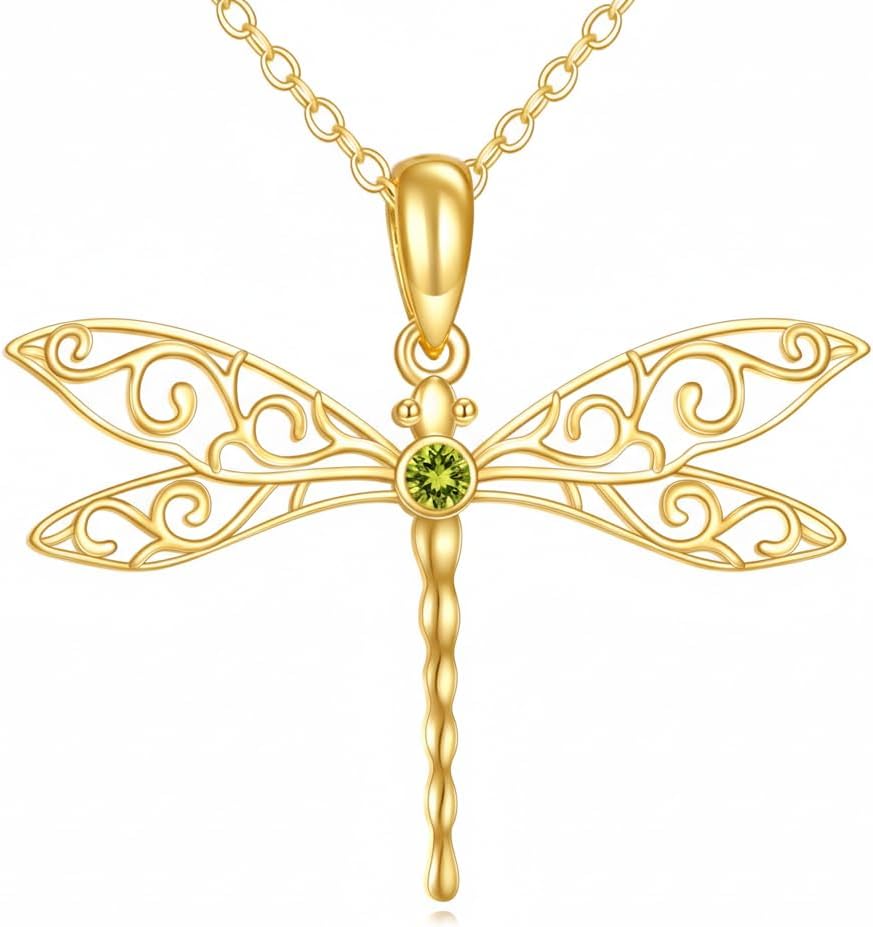DOVRAN Real Solid Gold Birthstone Butterfly/Dragonfly/Bee/Hummingbird Necklace for Women Yellow Gold Animal Pendant for Christmas Dainty Jewelry Birthday Gifts for Mom Wife