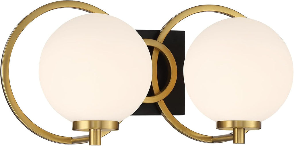 Savoy House 8-6180-2-143 Alhambra Vintage Mid-Century Modern Soft Frosted Glass Bathroom Vanity Wall Light, 2-Light 120 Total Watts, 8' H x 16' W, Matte Black with Warm Brass