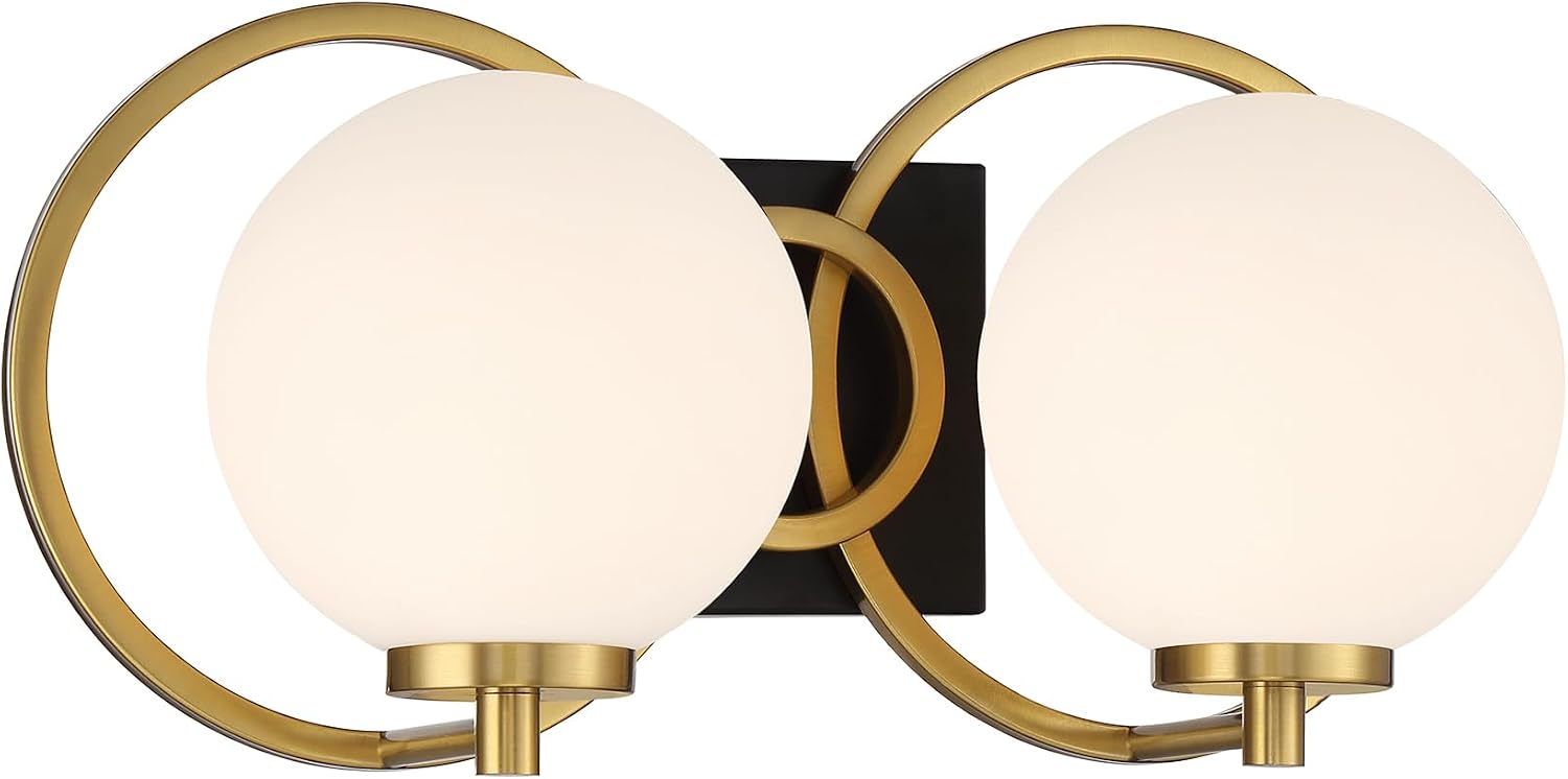 Savoy House 8-6180-2-143 Alhambra Vintage Mid-Century Modern Soft Frosted Glass Bathroom Vanity Wall Light, 2-Light 120 Total Watts, 8' H x 16' W, Matte Black with Warm Brass