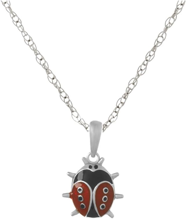 925 Sterling Silver Bug Necklace Charm Pendant with Chain, 3-D Enamel Ladybug, with 18 Inch Chain