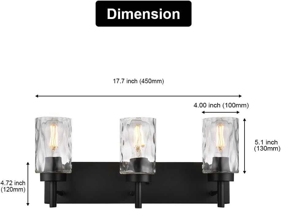 BONLICHT Vanity Light Fixtures 3 Light Modern Wall Sconces Lighting Black Bathroom Lights Wall Mounted with Hammered Glass Shade,Farmhouse Wall Light for Mirror Cabinets, Powder Room, Dressing Table