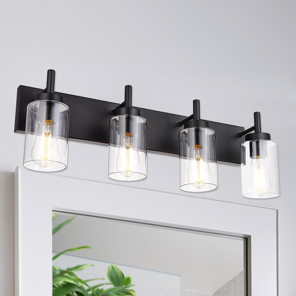 4 Lights Bathroom Vanity Light Fixture Black Sconces Wall Lighting with Clear Glass Shade Modern Industrial Indoor Wall Mounted Lamp, Farmhouse Lighting for Kitchen (Patent No.: US D958,438 S)