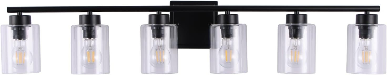 6 Light Bathroom Light Fixtures, 40 Inches Bathroom Lighting Fixtures Over Mirror, Black Vanity Light with Clear Glass Shades