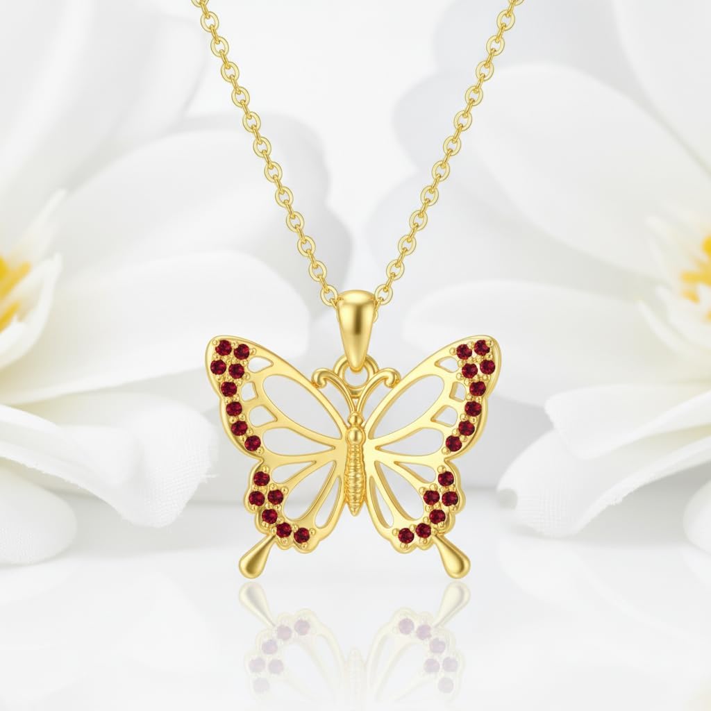 DOVRAN Real Solid Gold Birthstone Butterfly/Dragonfly/Bee/Hummingbird Necklace for Women Yellow Gold Animal Pendant for Christmas Dainty Jewelry Birthday Gifts for Mom Wife