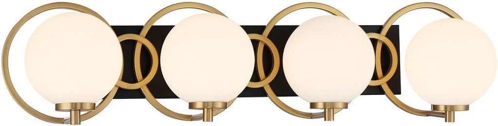 Savoy House 8-6180-4-143 Alhambra Art Deco Style Soft Frosted Glass Orb Bathroom Vanity Light, 4-Light 240 Total Watts, 8'' H x 33'' W, Matte Black & Warm Brass