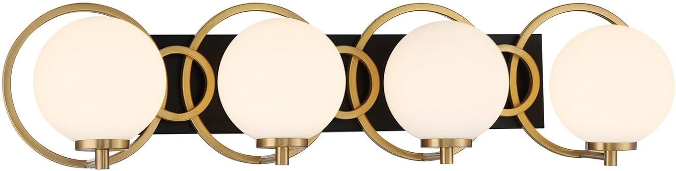 Savoy House 8-6180-4-143 Alhambra Art Deco Style Soft Frosted Glass Orb Bathroom Vanity Light, 4-Light 240 Total Watts, 8'' H x 33'' W, Matte Black & Warm Brass