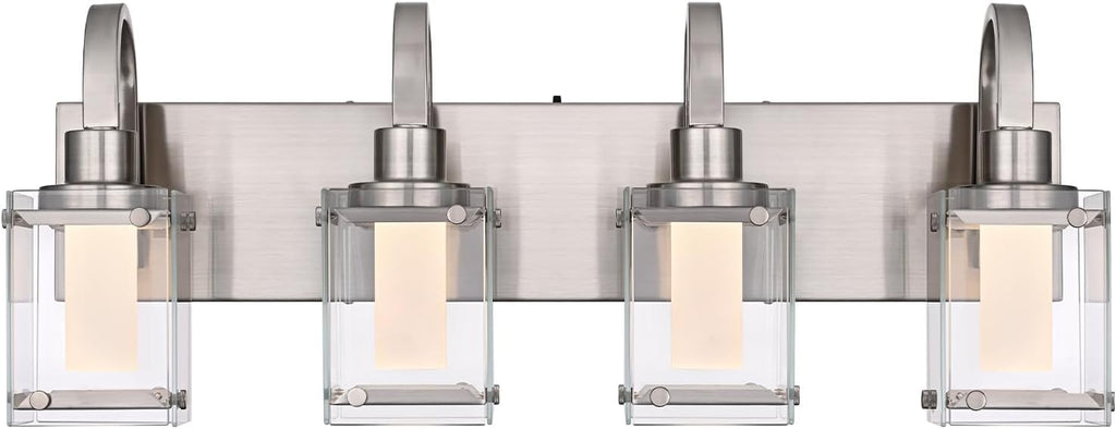4-Light Brushed Nickel Vanity Light Fixtures, Modern LED Bathroom Wall Lights for Dressing Room, Integrated LED Chips with Frosted Column & Clear Square Glass Shades, Energy Saving Wall Sconce