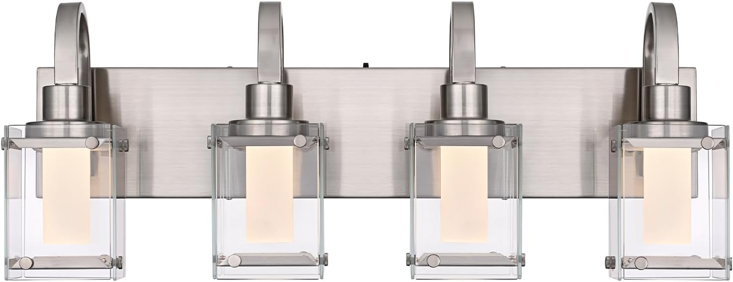 4-Light Brushed Nickel Vanity Light Fixtures, Modern LED Bathroom Wall Lights for Dressing Room, Integrated LED Chips with Frosted Column & Clear Square Glass Shades, Energy Saving Wall Sconce