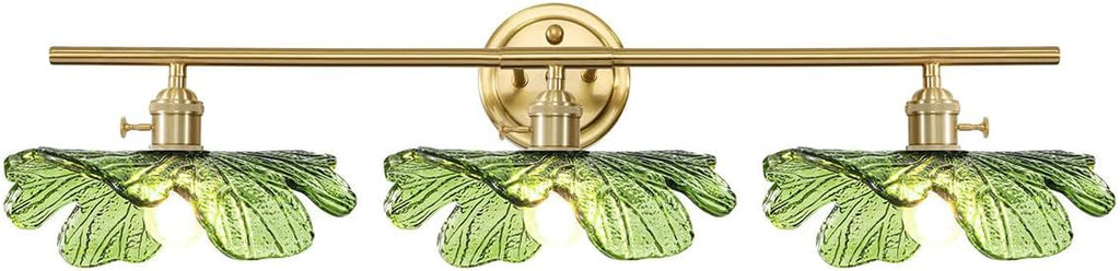 3 Light Green Glass Wall Sconces Art Deco Leaf Bathroom Lighting Fixtures Over Mirror, Gold brass Wall Sconce Vintage Wall Light Mid Century Modern Vanity Lights for Living Room Bedroom Hallway