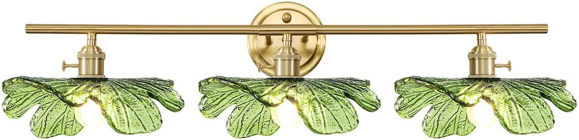 3 Light Green Glass Wall Sconces Art Deco Leaf Bathroom Lighting Fixtures Over Mirror, Gold brass Wall Sconce Vintage Wall Light Mid Century Modern Vanity Lights for Living Room Bedroom Hallway