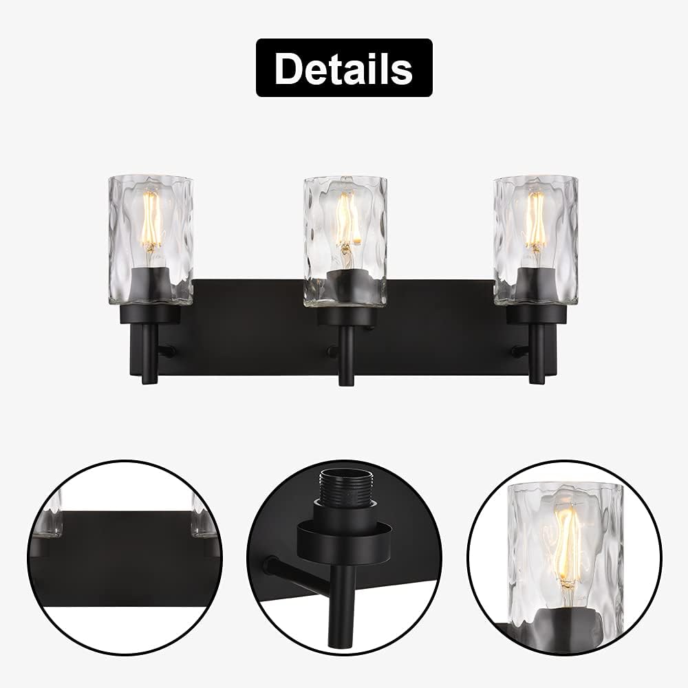 BONLICHT Vanity Light Fixtures 3 Light Modern Wall Sconces Lighting Black Bathroom Lights Wall Mounted with Hammered Glass Shade,Farmhouse Wall Light for Mirror Cabinets, Powder Room, Dressing Table