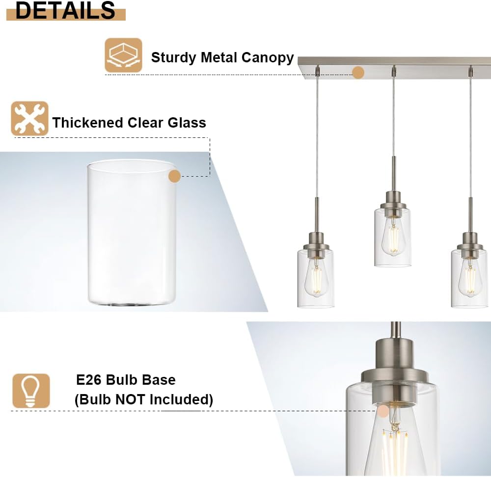 6-Lights Pendant Lighting for Kitchen Island in Brushed Nickel, Ceiling Light Fixtures with Adjustable Hanging Wire & Clear Glass Shades