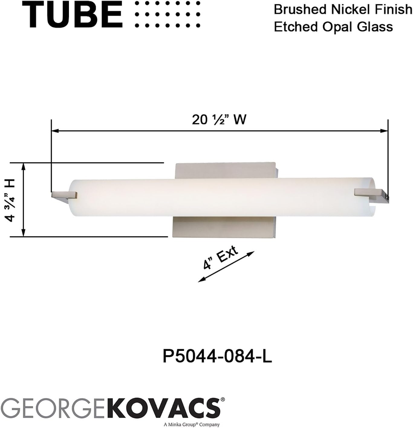 GEORGE KOVACS P5044-084-L Tube LED Vanity Bath Light, 1-Light, 20 Total Watts, 4.75-in H x 20.5-in W, Brushed Nickel