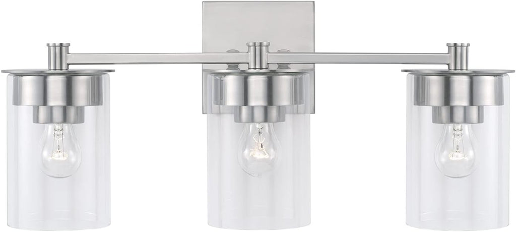 HomePlace by Capital Lighting 146831BN-532 Mason Transitional Clear Glass Cylinder Vanity Light for Bathroom, 3-Light 300 Total Watts, 9' H x 21' W, Brushed/Satin Nickel