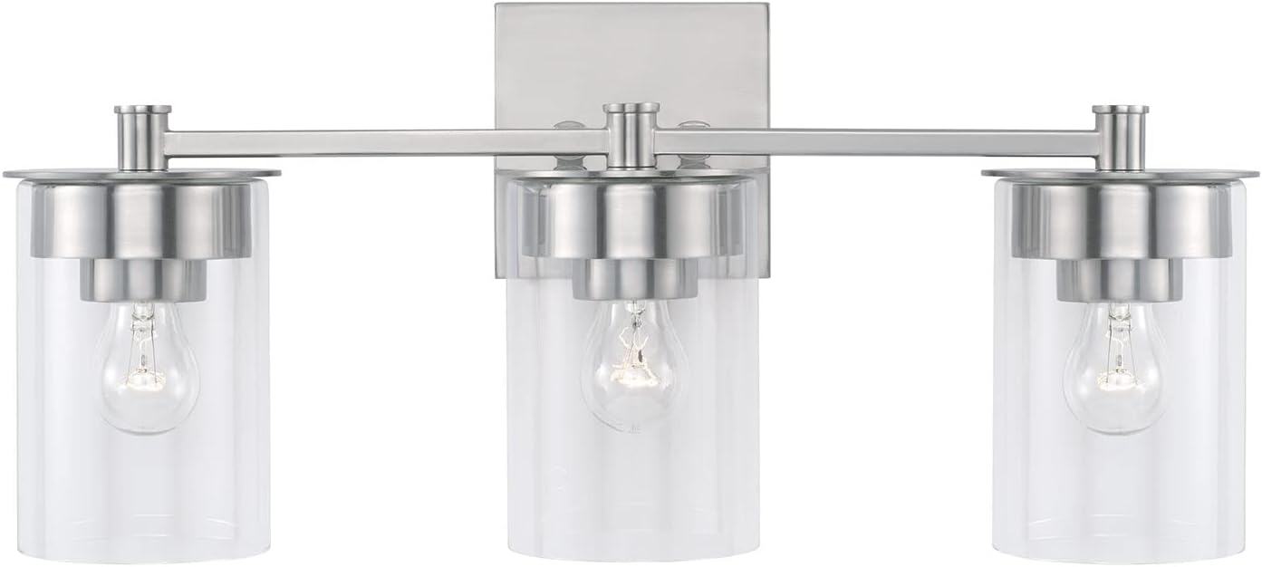 HomePlace by Capital Lighting 146831BN-532 Mason Transitional Clear Glass Cylinder Vanity Light for Bathroom, 3-Light 300 Total Watts, 9' H x 21' W, Brushed/Satin Nickel