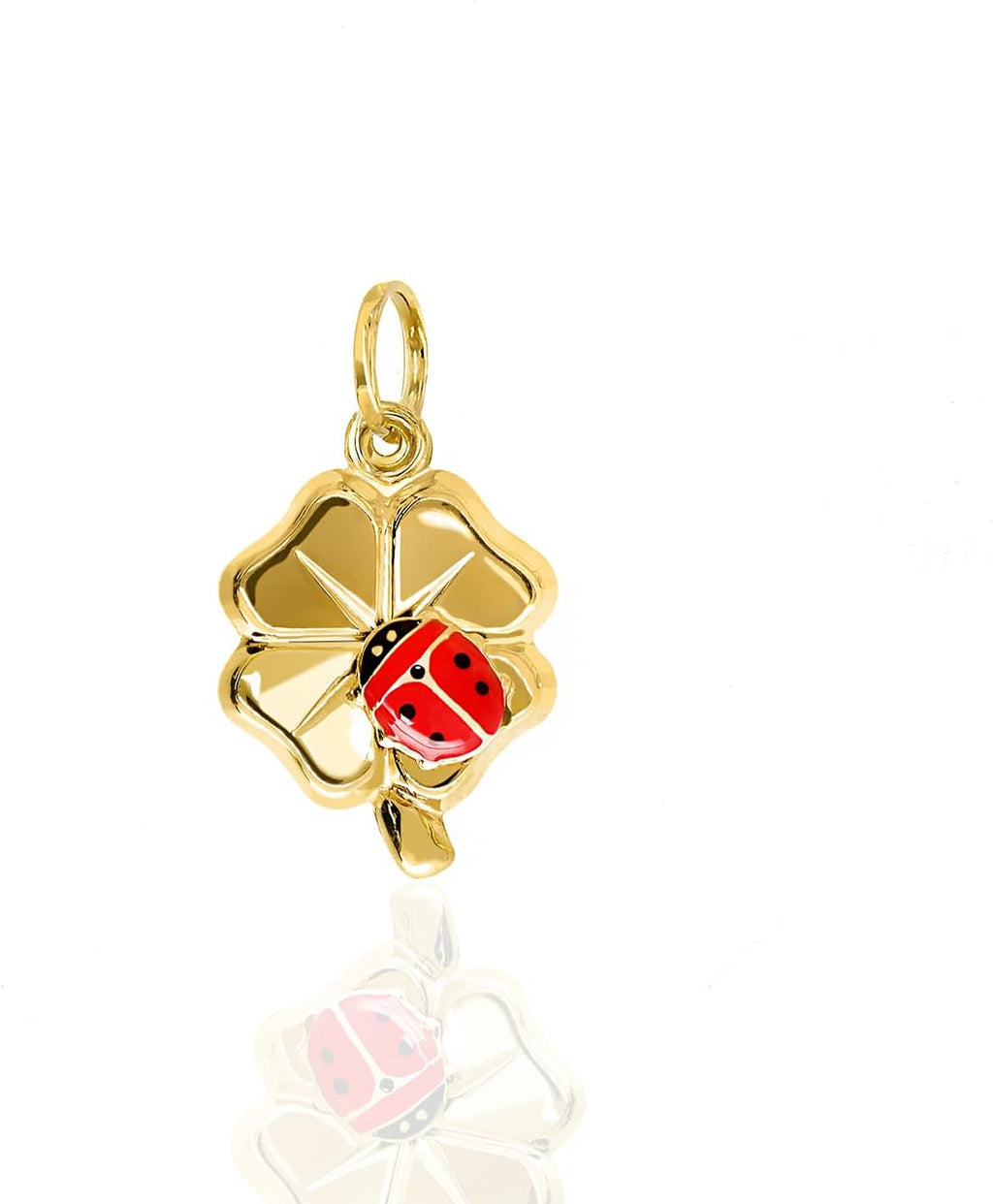 forme di Lucchetta - 14 karat Yellow Gold Four Clover Leaf Pendant with Red Ladybug Lucky Charm, Womens 14k Charms for Necklaces up to 4mm, Authentic Fine Jewelry from Italy