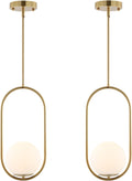 BYOLIIMA Modern Gold Globe Pendant Light Mid Century Chandelier 1-Light Brushed Brass Ceiling Hanging Lighting Fixture with White Globe Glass Lampshade for Kitchen Island Dining Room Bedroom (2 Pack)