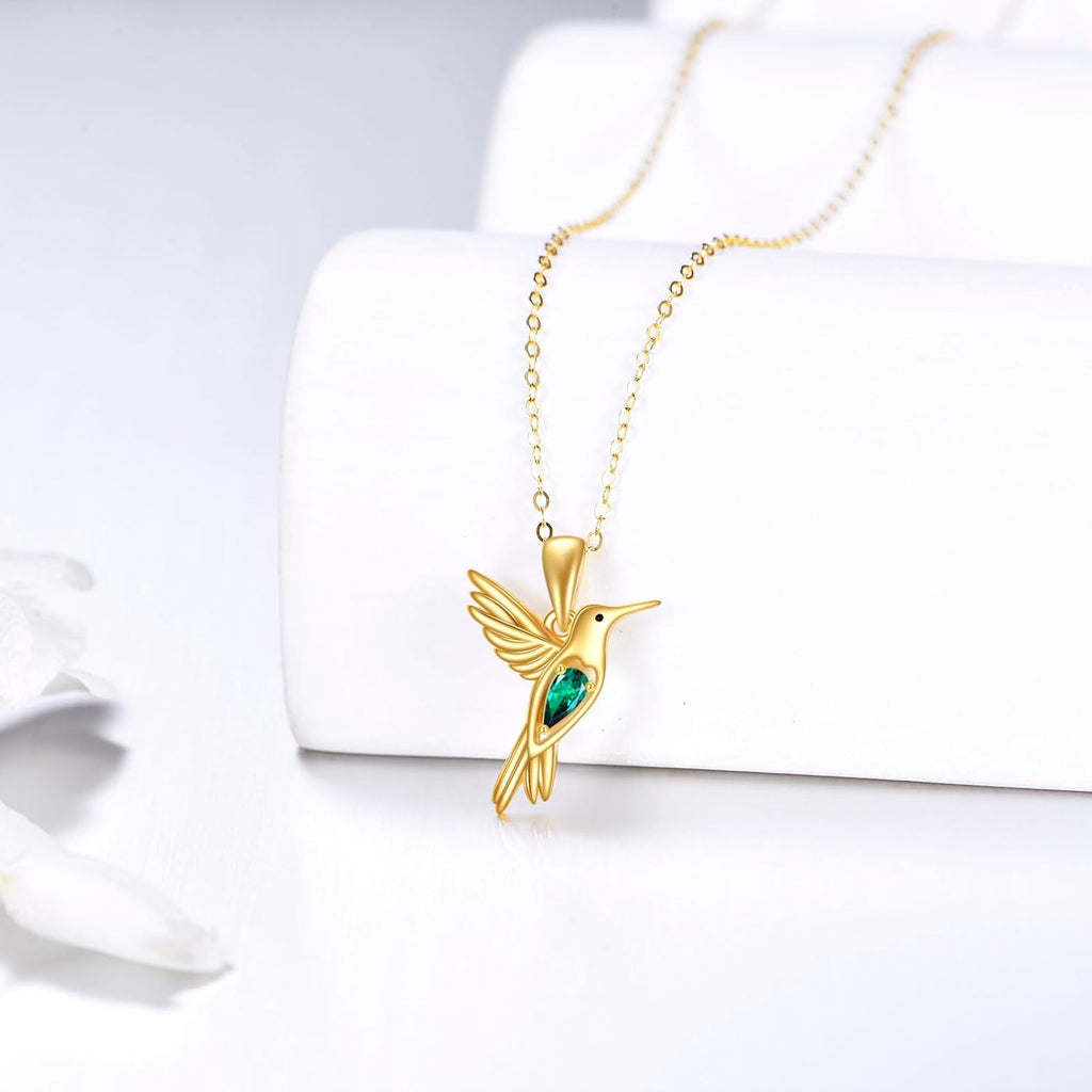 DOVRAN Real Solid Gold Birthstone Butterfly/Dragonfly/Bee/Hummingbird Necklace for Women Yellow Gold Animal Pendant for Christmas Dainty Jewelry Birthday Gifts for Mom Wife