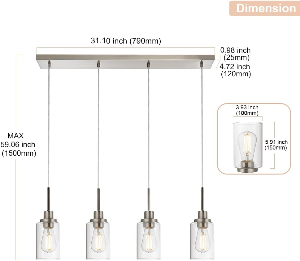 4-Lights Pendant Light Fixtures, Modern Brushed Nickel Kitchen Island Lighting with Clear Glass Shade, Adjustable Hanging Ceiling Lamp