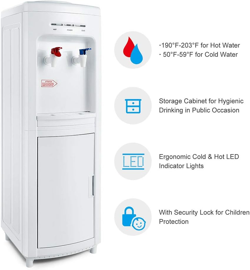 White Modern Top Loading Water Cooler Dispenser Freestanding 5 Gallon Cold Hot with Storage Cabinet Home Electric Countertop Office Plastic Stainless Steel 11.22'L x 11.42'W x 32.28'H