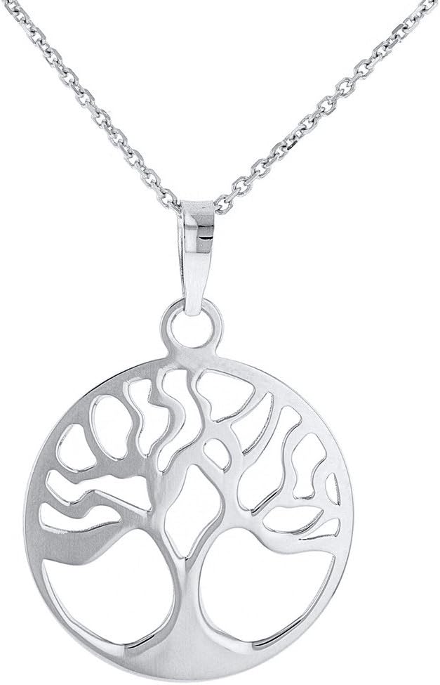 Jewelry America Solid 14k White Gold Tree of Life Disk Chain Pendant Necklace
