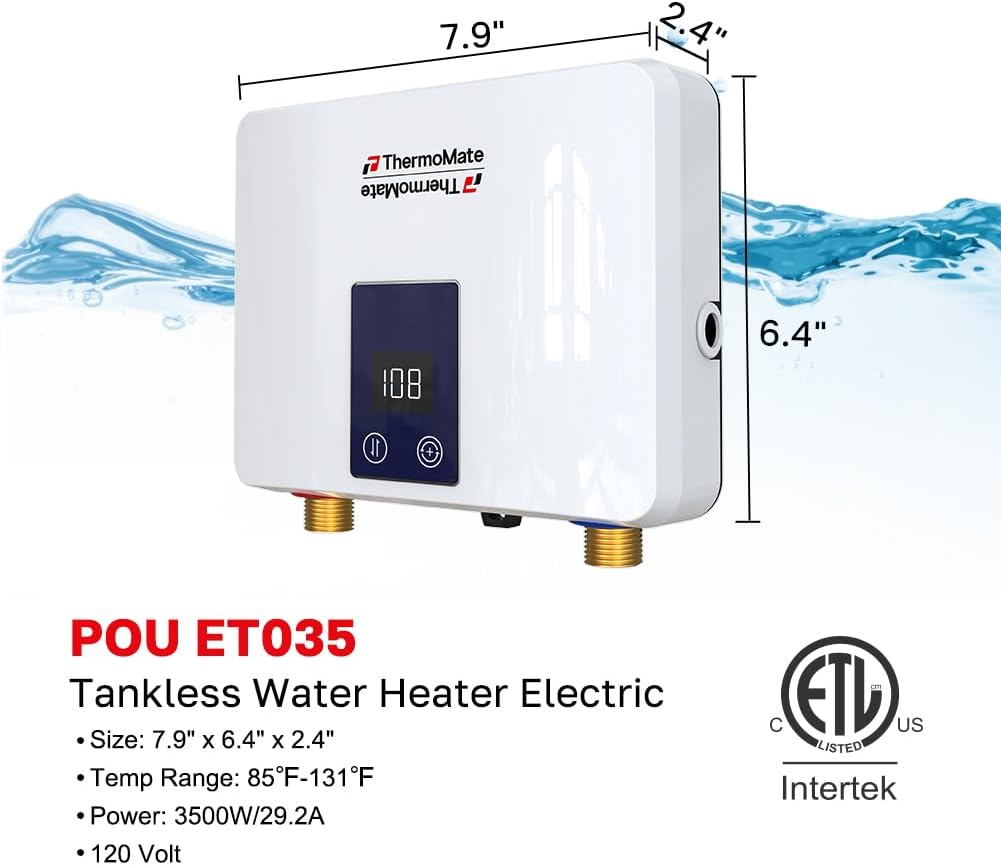 Tankless Small Water Heater Electric 120V 29.2Amp, ThermoMate 3500W On Demand Instant Hot Water Heater with Temperature Display for Kitchen Bathroom Sink Faucet, ETL Certified