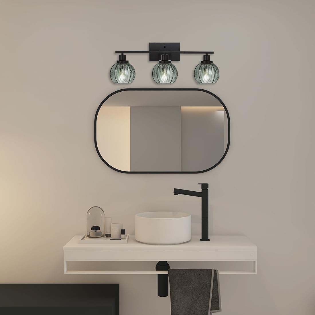 3-Light Bathroom Light Fixture Green Wall Lights with Ribbed Glass Shade Black Vanity Light Over Mirror Mid Century Wall Sconce for Bedside Bedroom Living Room