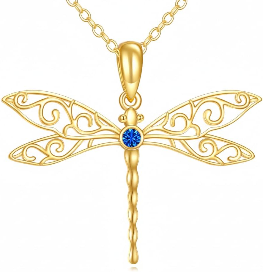 DOVRAN Real Solid Gold Birthstone Butterfly/Dragonfly/Bee/Hummingbird Necklace for Women Yellow Gold Animal Pendant for Christmas Dainty Jewelry Birthday Gifts for Mom Wife