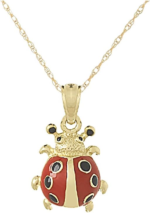 14k Yellow Gold Animal Charm Necklace Pendant, 3-D Enamel Ladybug Charm Necklace Pendant, with 18 Inch Chain
