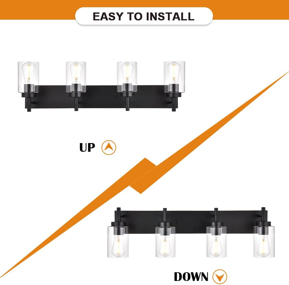 4 Lights Bathroom Vanity Light Fixture Black Sconces Wall Lighting with Clear Glass Shade Modern Industrial Indoor Wall Mounted Lamp, Farmhouse Lighting for Kitchen (Patent No.: US D958,438 S)