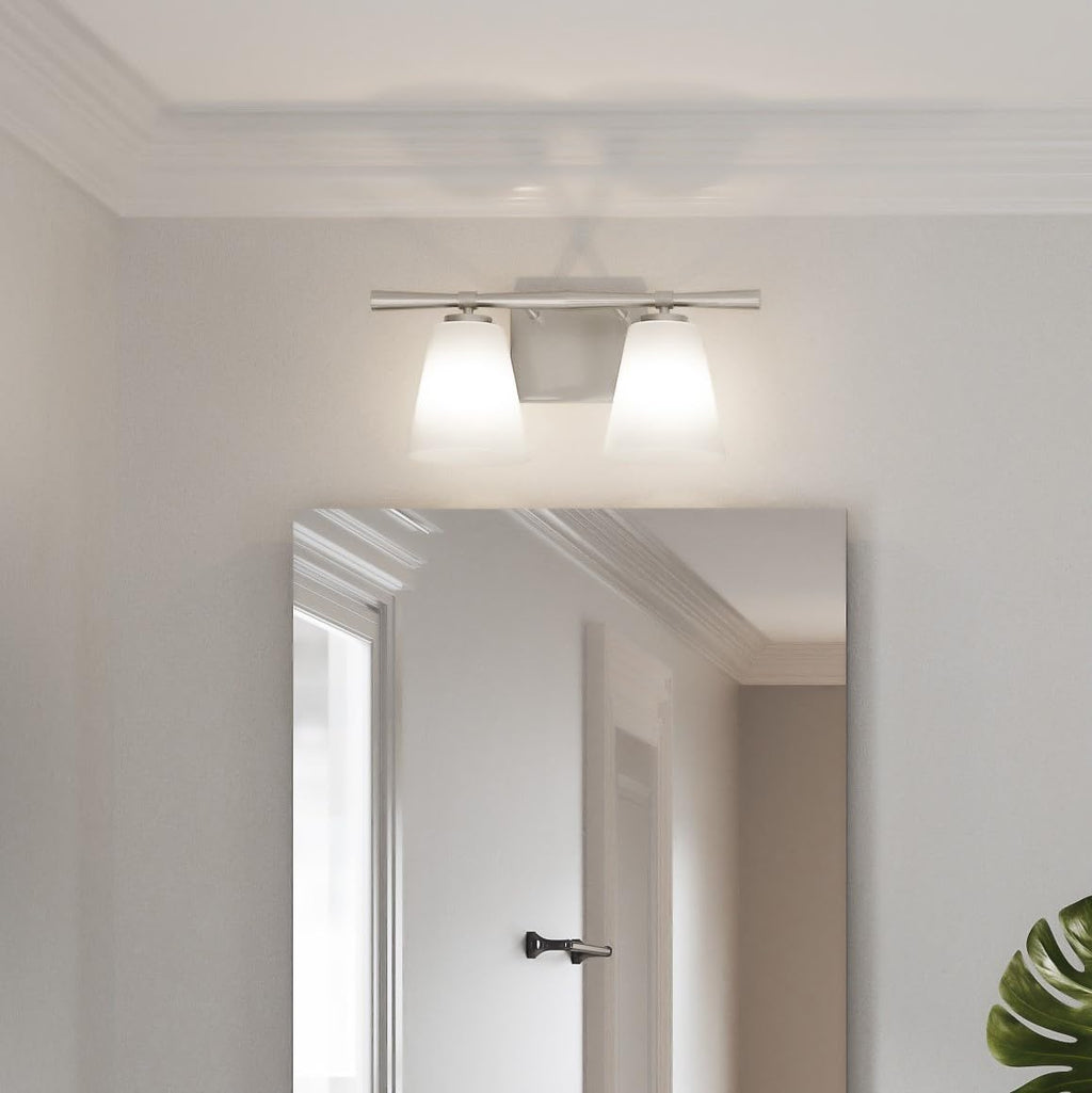 Quoizel Brindley Bath Vanity Lights, 16 Inch 2-Light Brushed Nickel Transitional Bathroom Lighting Fixtures Over Mirror, Opal Etched Glass Shades, Wall Mount Light for Bathroom