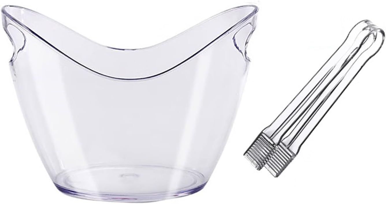 Ice Bucket Clear Acrylic Ice Bucket with Ice Tongs, 8 Liter Plastic Tub Oval Storage Bucket Ice Buckets for Drinks and Parties Plastic Wine Bucket, Beer Bucket, Champagne Bucket Keeps Ice Cold & Dry (