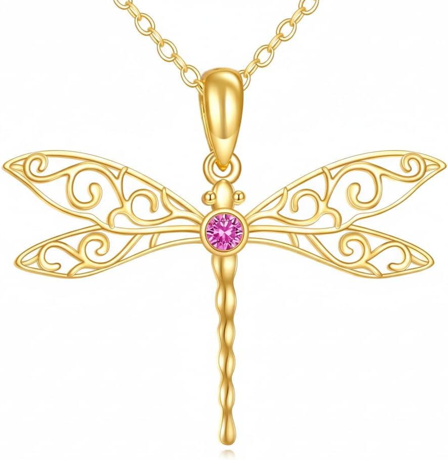 DOVRAN Real Solid Gold Birthstone Butterfly/Dragonfly/Bee/Hummingbird Necklace for Women Yellow Gold Animal Pendant for Christmas Dainty Jewelry Birthday Gifts for Mom Wife