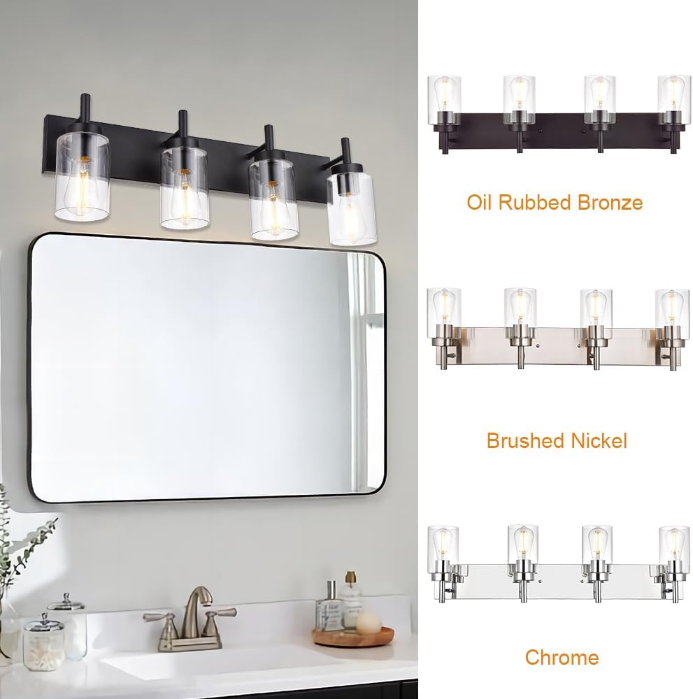 4 Lights Bathroom Vanity Light Fixture Black Sconces Wall Lighting with Clear Glass Shade Modern Industrial Indoor Wall Mounted Lamp, Farmhouse Lighting for Kitchen (Patent No.: US D958,438 S)