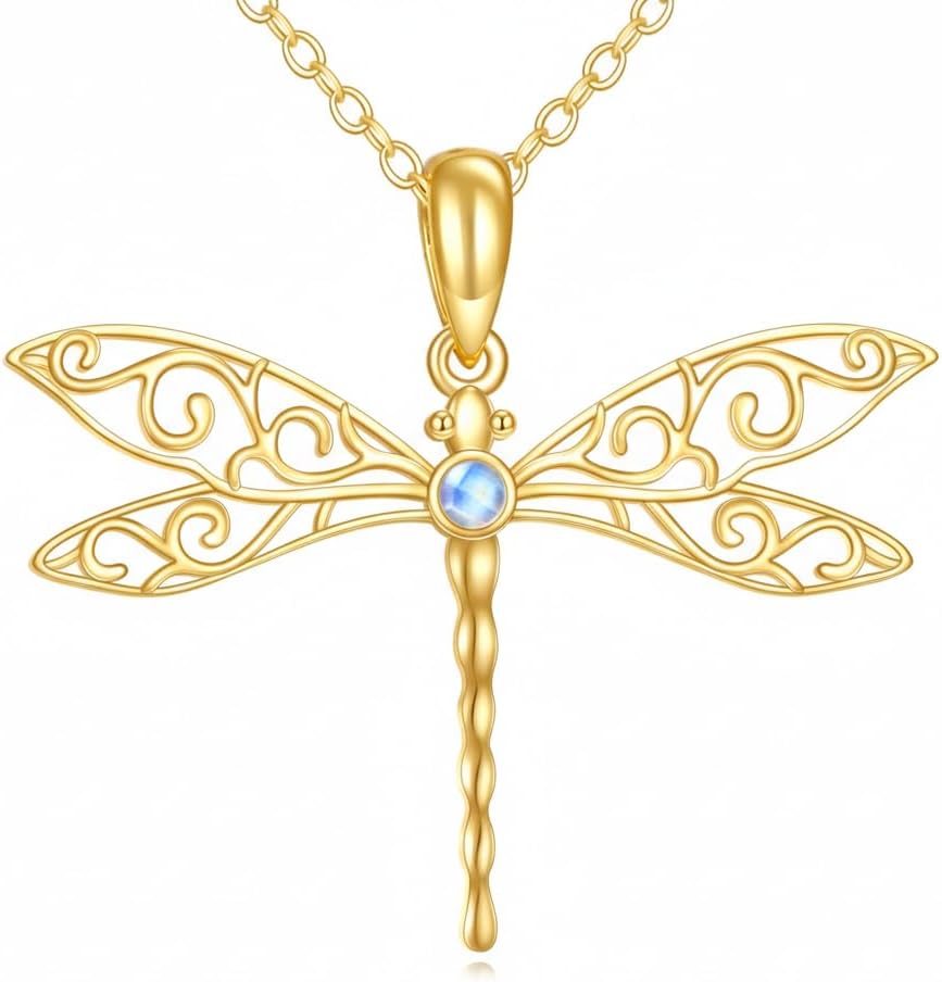 DOVRAN Real Solid Gold Birthstone Butterfly/Dragonfly/Bee/Hummingbird Necklace for Women Yellow Gold Animal Pendant for Christmas Dainty Jewelry Birthday Gifts for Mom Wife
