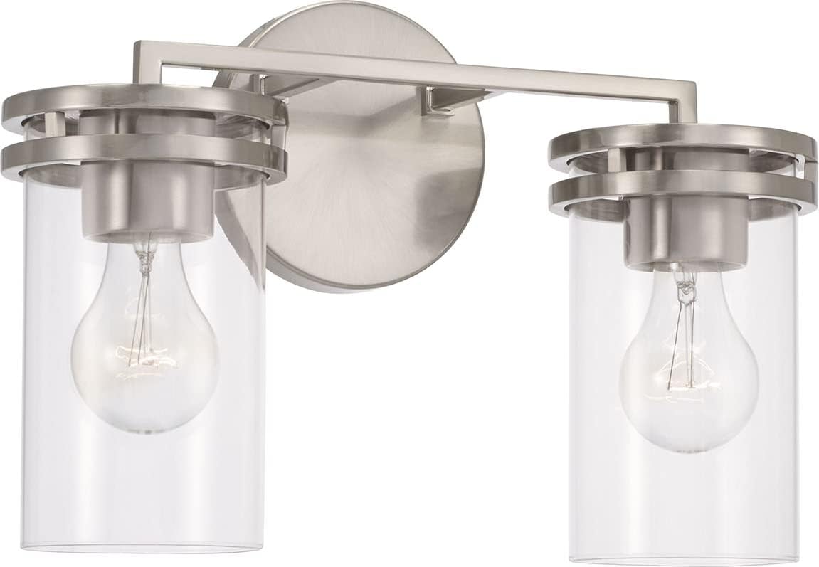 HomePlace by Capital Lighting 148721BN-539 Fuller Transitional Clear Glass Cylinder Vanity Light for Bathroom, 2-Light 200 Total Watts, 10' H x 14' W, Brushed/Satin Nickel