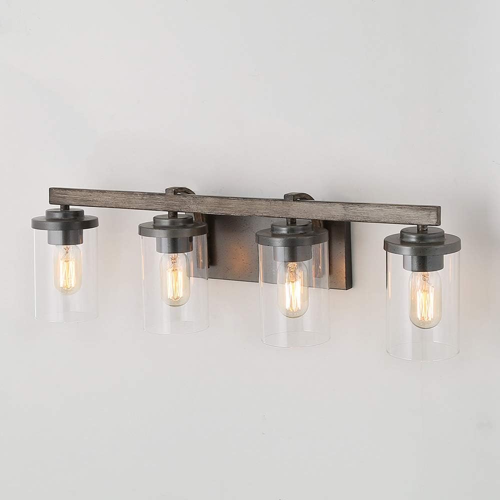 LALUZ Bathroom Vanity Light Fixtures, Farmhouse Vanity Lighting with Clear Glass Shades, Faux Wood, 4-Light, 28'' L x 6.3'' W x 8.7'' H