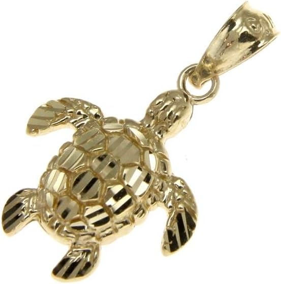 Arthur's Jewelry 14K solid yellow gold 12mm sparkly diamond cut Hawaiian sea turtle honu charm pendant small