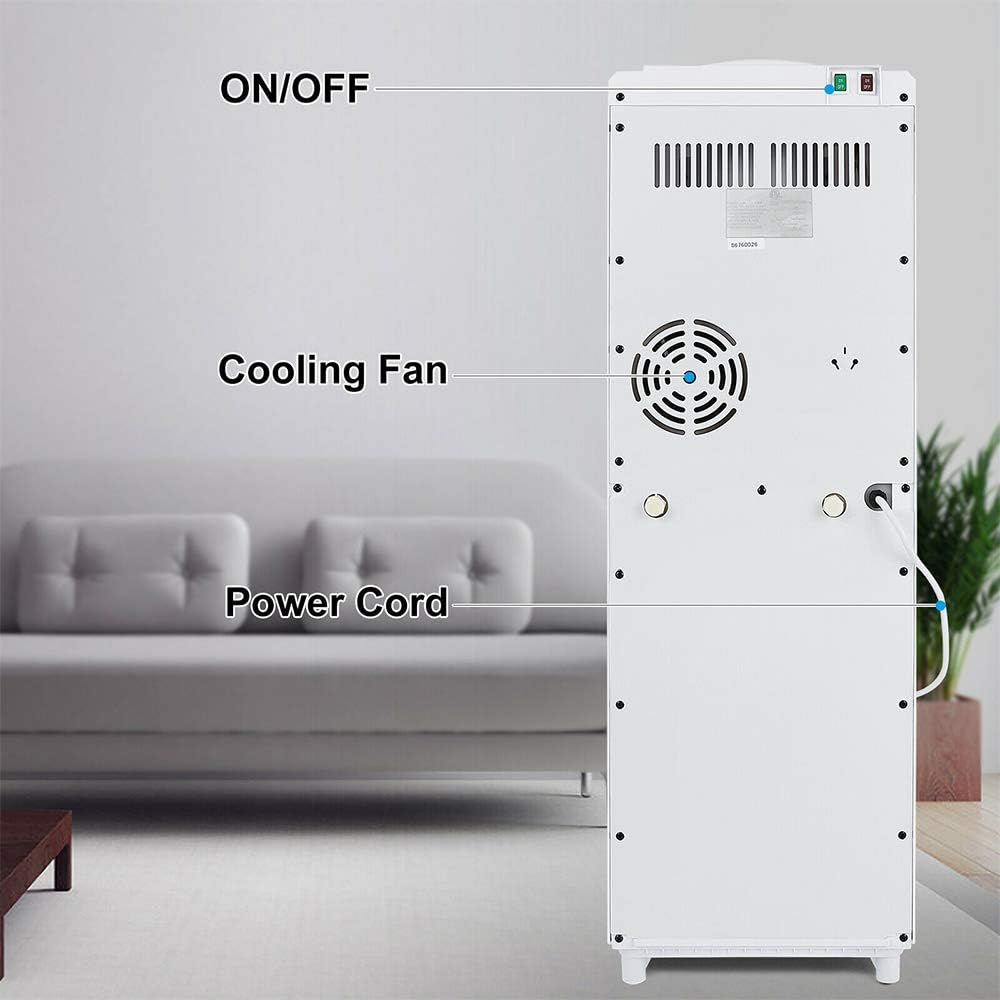 White Modern Top Loading Water Cooler Dispenser Freestanding 5 Gallon Cold Hot with Storage Cabinet Home Electric Countertop Office Plastic Stainless Steel 11.22'L x 11.42'W x 32.28'H