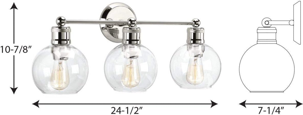 Hansford Collection 3-Light Clear Glass Coastal Bath Vanity Light Polished Nickel
