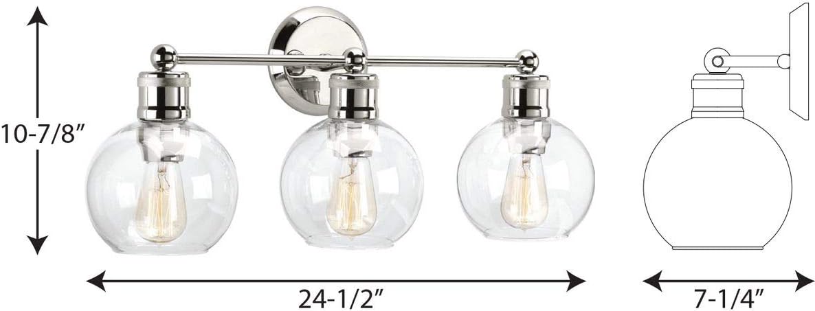 Hansford Collection 3-Light Clear Glass Coastal Bath Vanity Light Polished Nickel
