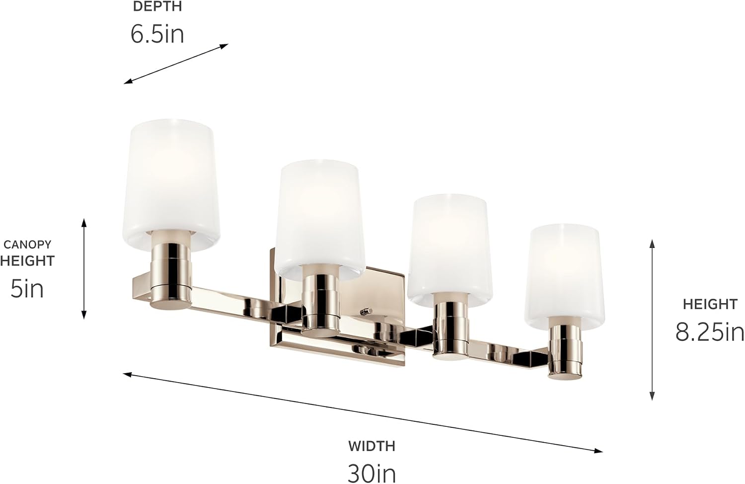 Kichler Adani 4-Light Bathroom Vanity Light Fixture with Opal Glass in Polished Nickel, Modern Wall Mount Lighting Over Mirror for Bathroom (8.25' x 30'), 55177PN